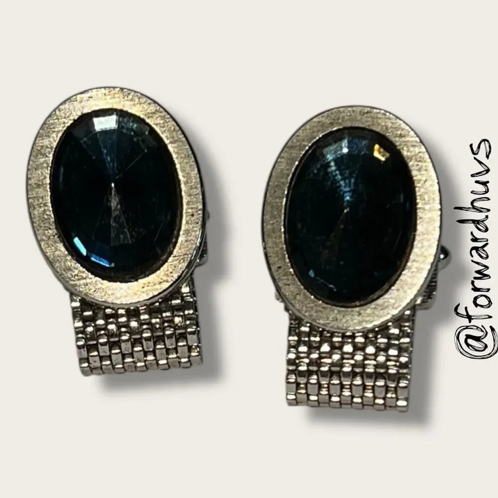 Vintage Silver-Tone Mesh Cufflinks – Faceted Blue Glass Stones